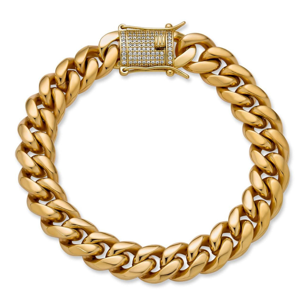 Miami Cuban Link Bracelet W. CZ Clasp - 18k Gold Plated Stainless Steel - 6"-10" - 8mm-14mm