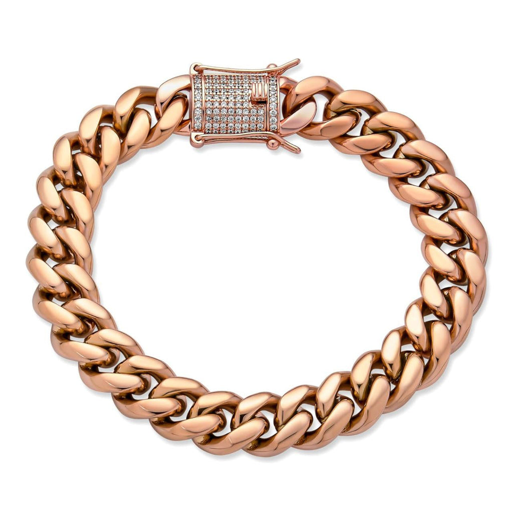 Miami Cuban Link Bracelet W. CZ Clasp - Rose Gold Plated Stainless Steel - 6"-10" - 8mm-14mm