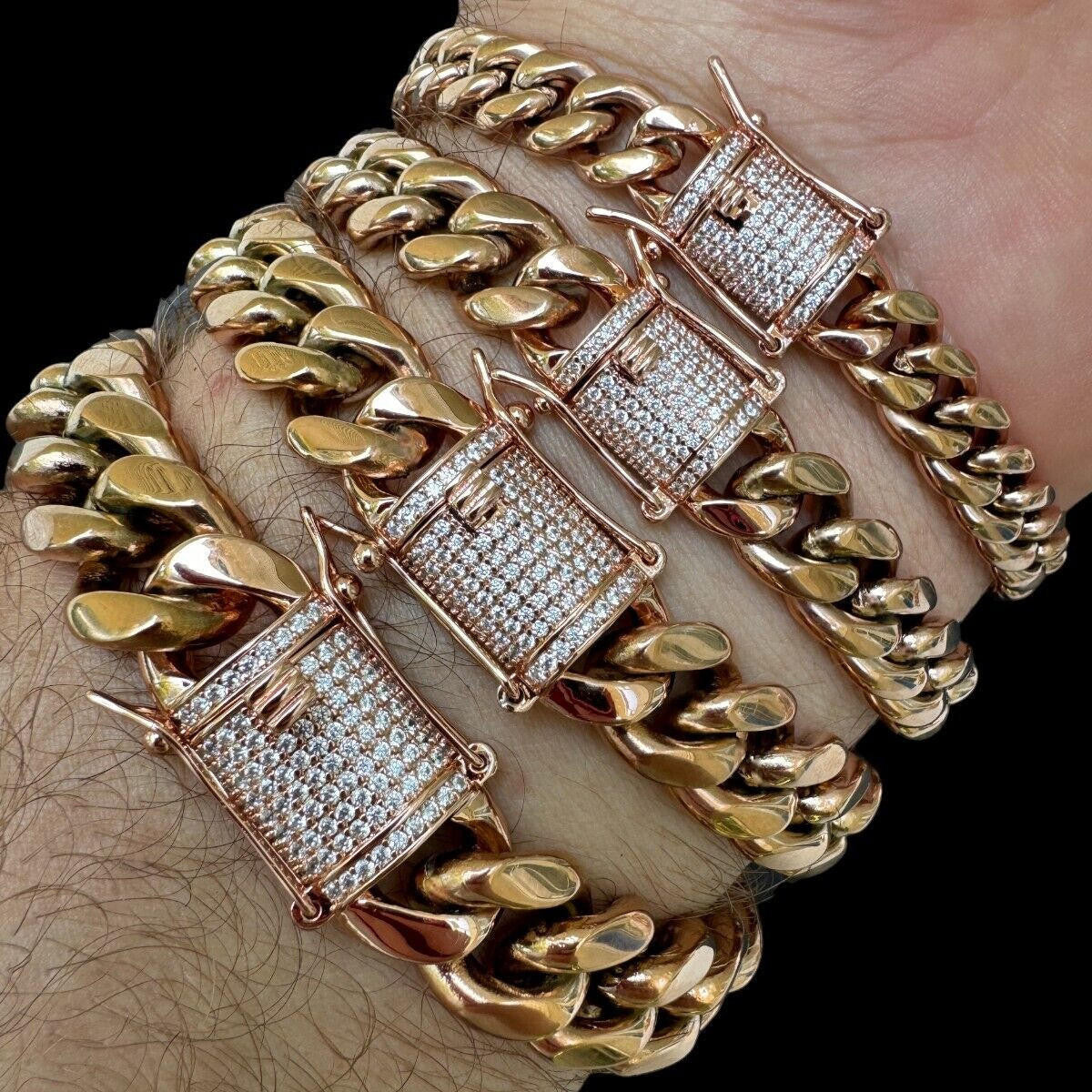 Miami Cuban Link Bracelet W. CZ Clasp - Rose Gold Plated Stainless Steel - 6"-10" - 8mm-14mm