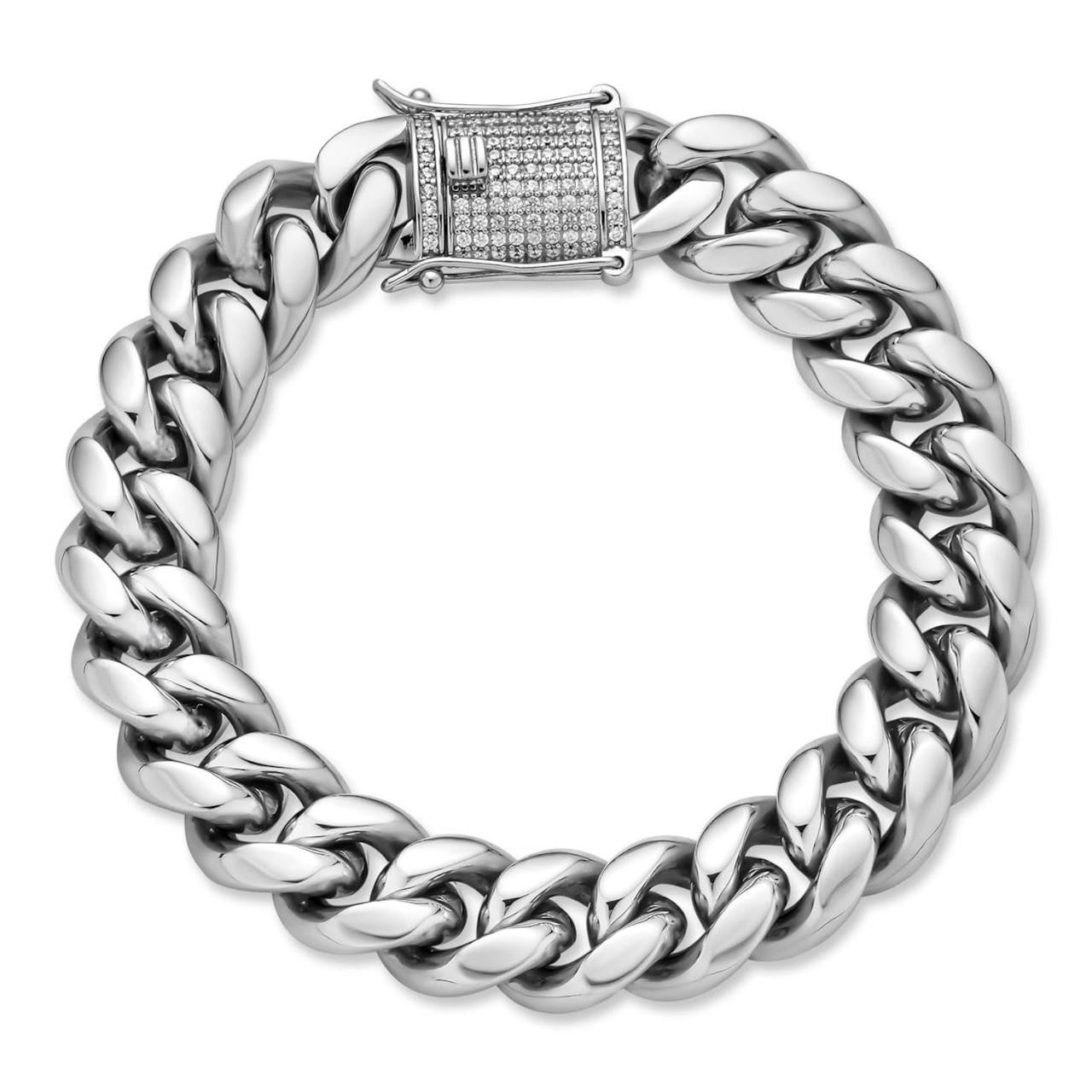 Miami Cuban Link Bracelet W. CZ Clasp - Stainless Steel W. 925 Silver Clasp - 6"-10" - 8mm-14mm