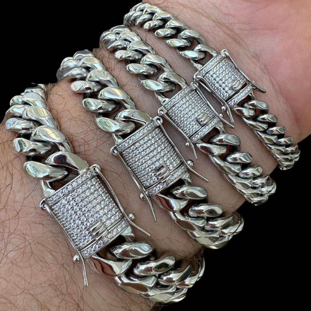Miami Cuban Link Bracelet W. CZ Clasp - Stainless Steel W. 925 Silver Clasp - 6"-10" - 8mm-14mm
