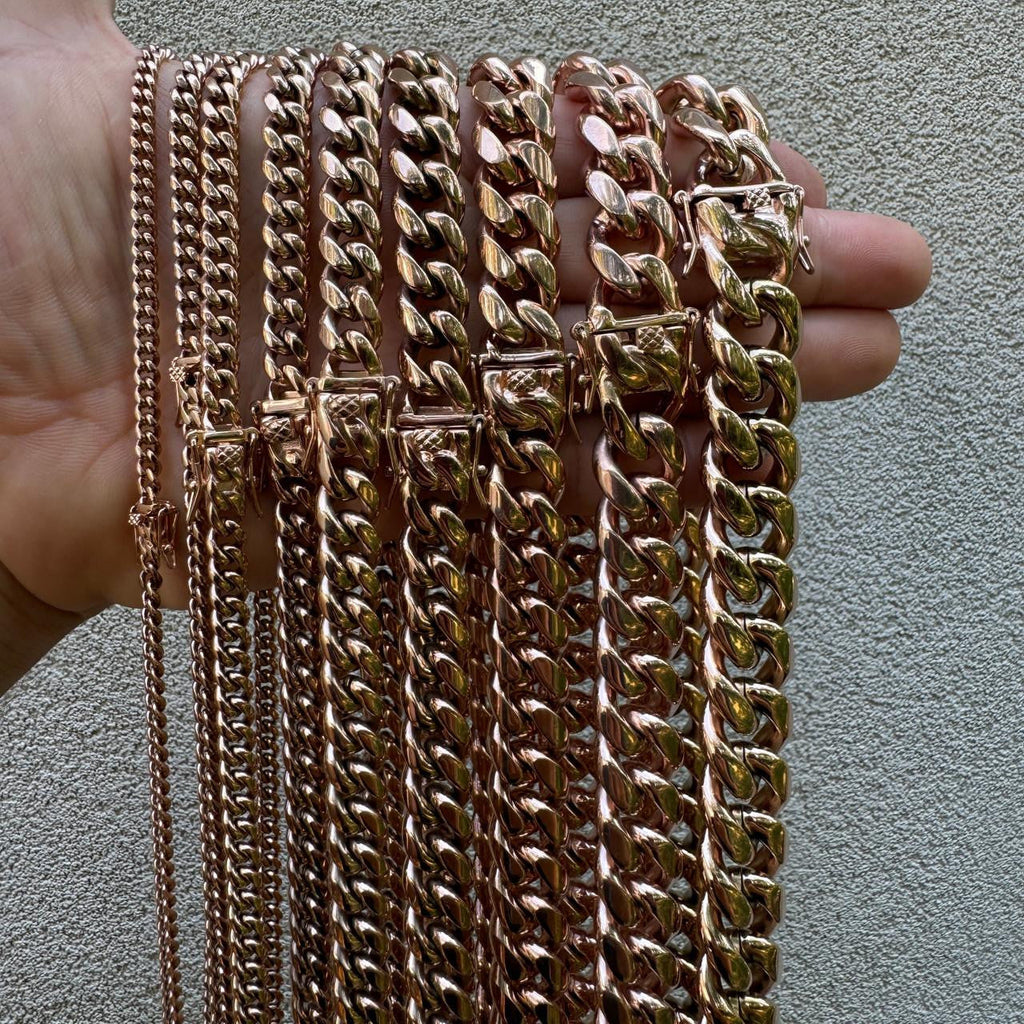 Miami Cuban Link Chain Necklace - 14k Rose Gold Plated Stainless Steel - 16"-36" - 4mm-18mm