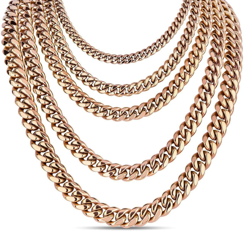 Miami Cuban Link Chain Necklace - 14k Rose Gold Plated Stainless Steel - 16"-36" - 4mm-18mm