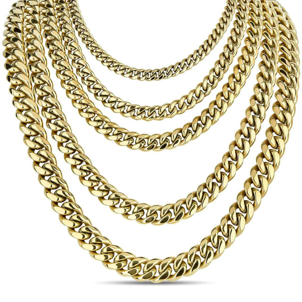 Miami Cuban Link Chain Necklace - 14k Yellow Gold Plated Stainless Steel - 16"-36" - 4mm-18mm
