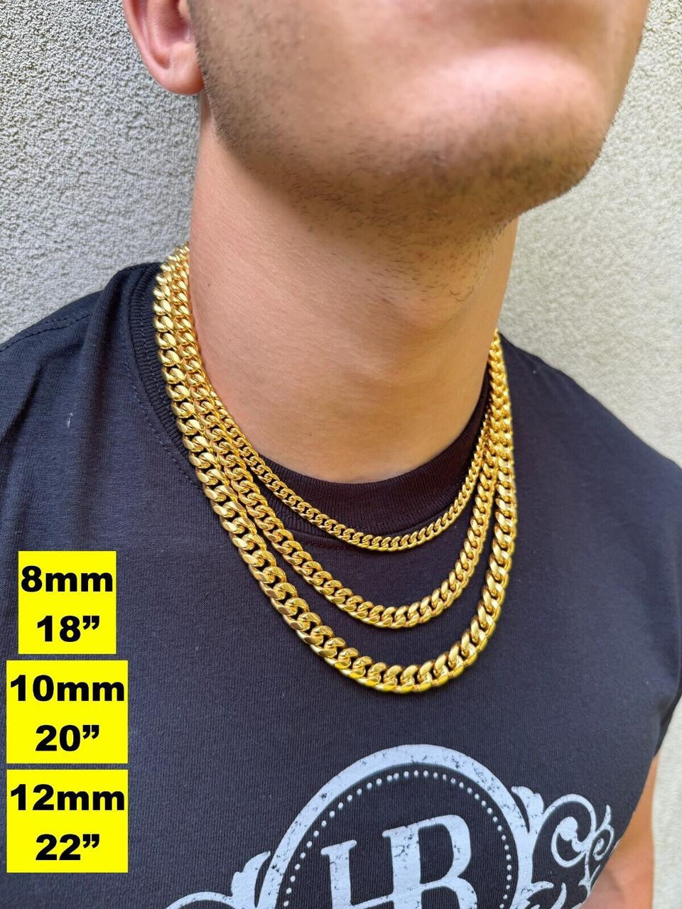 Miami Cuban Link Chain Necklace Bracelet 18k Gold Plated Stainless Steel 6-18mm