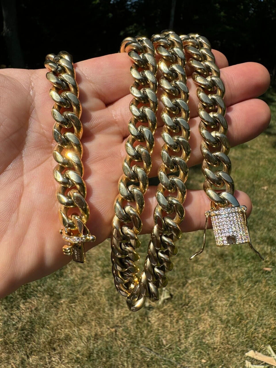 Miami Cuban Link Chain Necklace W. CZ Clasp - 14k Gold Plated Stainless Steel - 16"-30" - 8mm-14mm