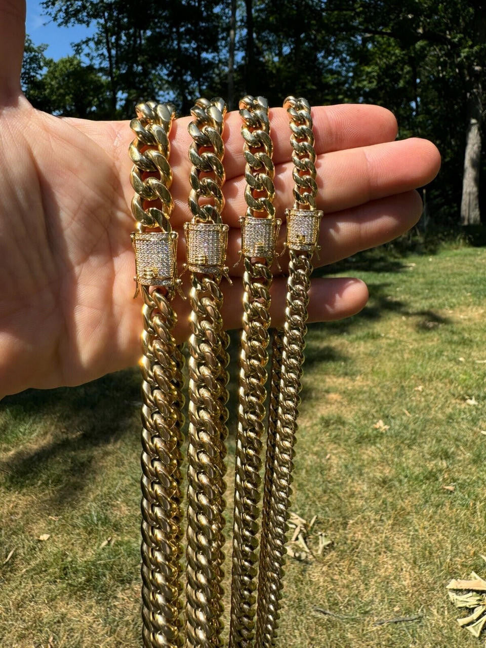 Miami Cuban Link Chain Necklace W. CZ Clasp - 14k Gold Plated Stainless Steel - 16"-30" - 8mm-14mm