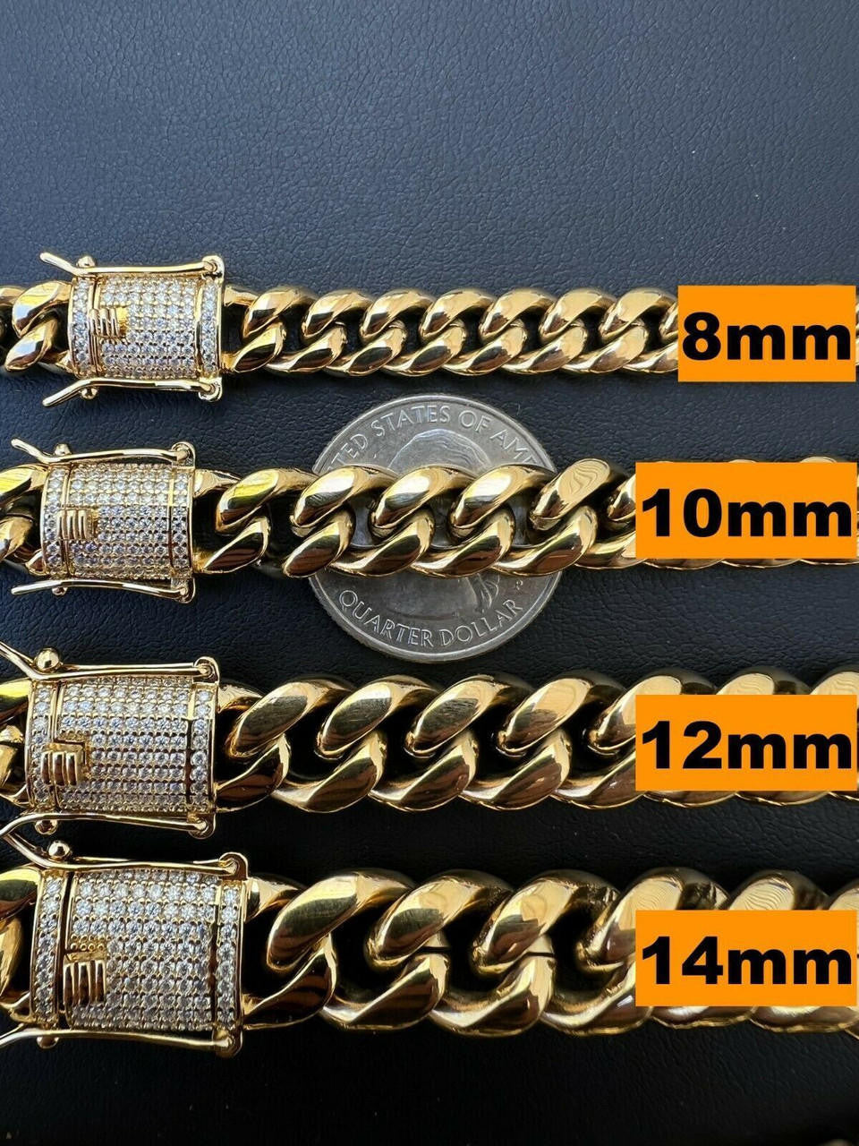 Miami Cuban Link Chain Necklace W. CZ Clasp - 14k Gold Plated Stainless Steel - 16"-30" - 8mm-14mm