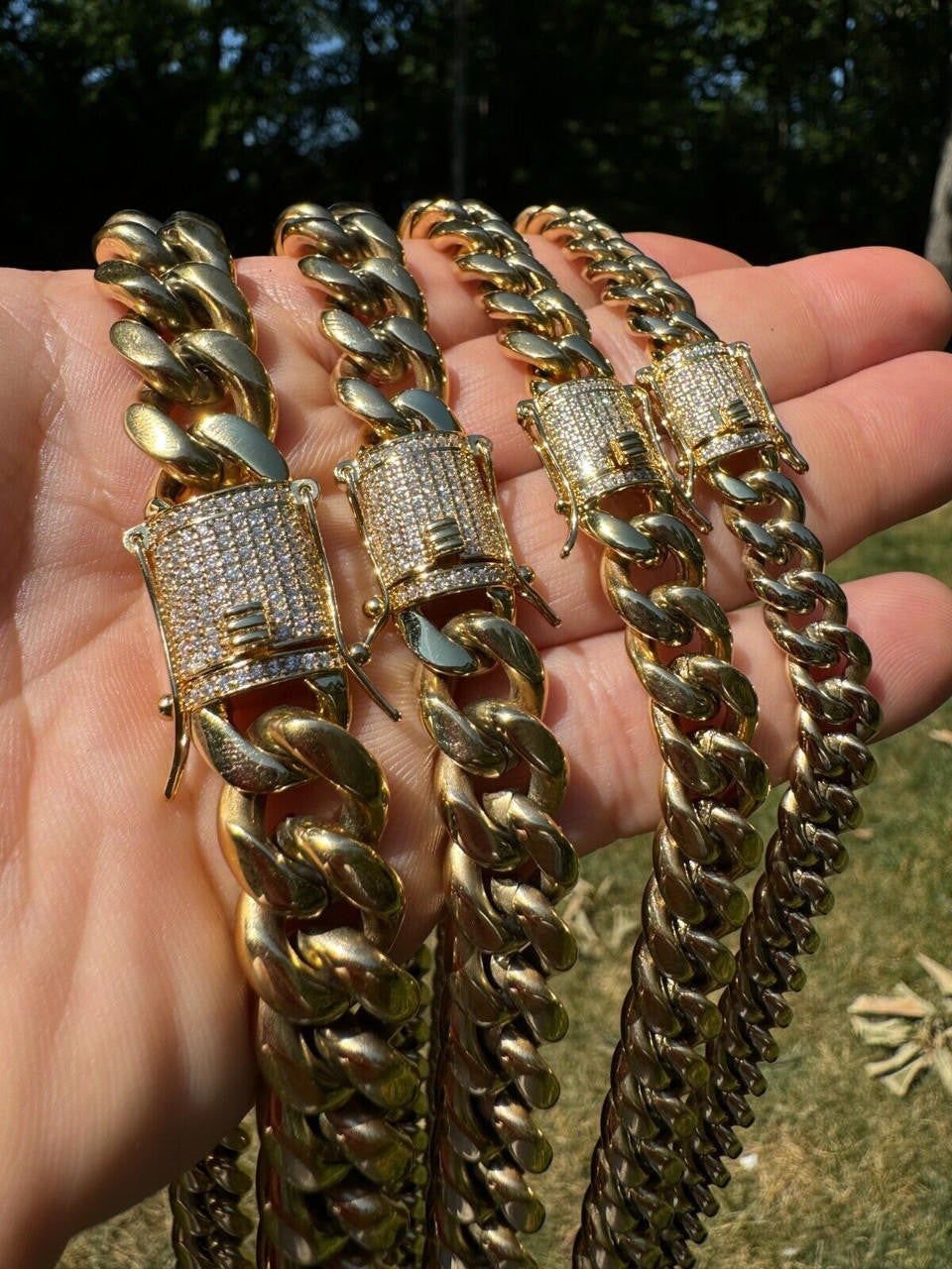 Miami Cuban Link Chain Necklace W. CZ Clasp - 14k Gold Plated Stainless Steel - 16"-30" - 8mm-14mm
