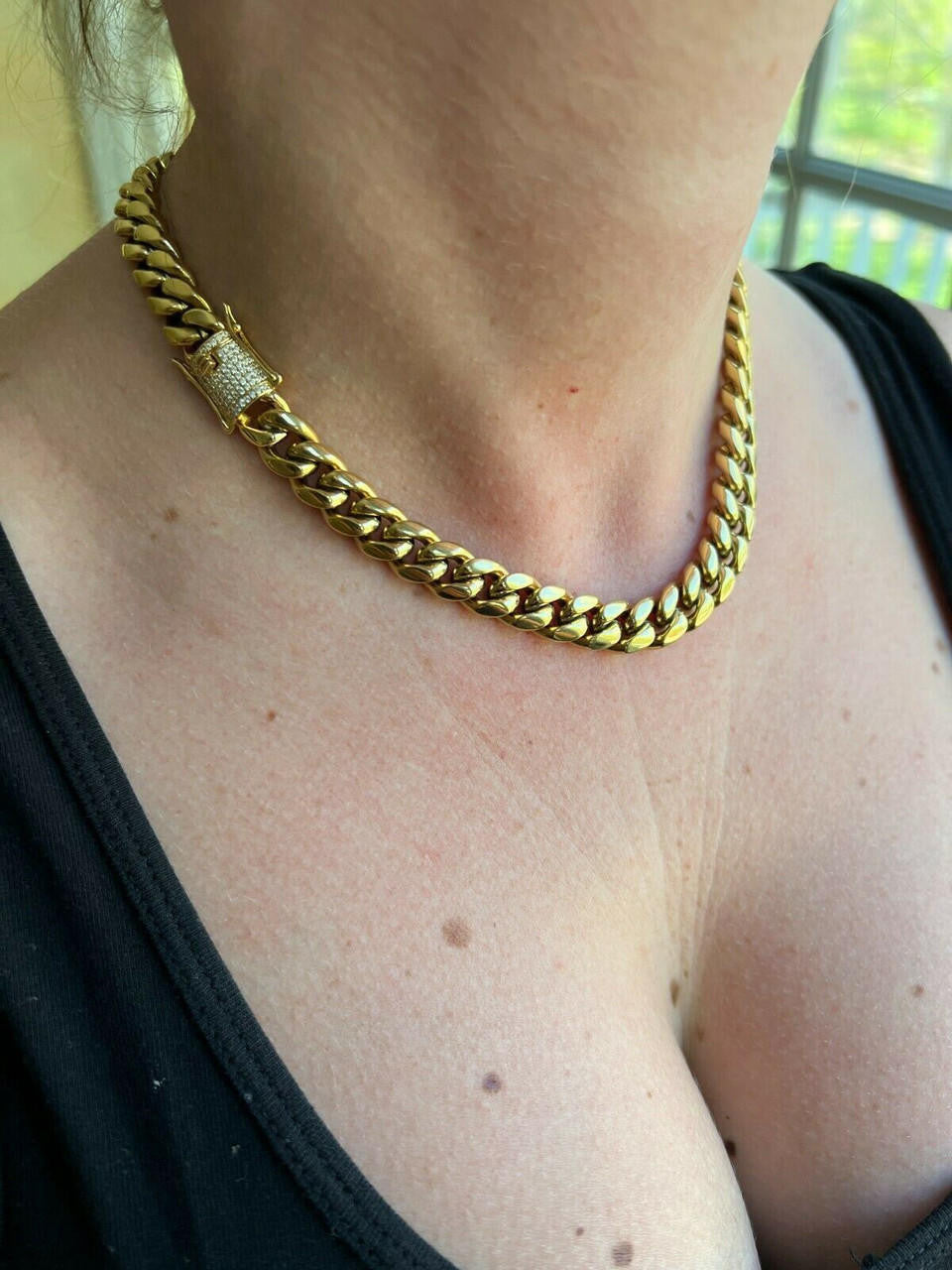 Miami Cuban Link Chain Necklace W. CZ Clasp - 14k Gold Plated Stainless Steel - 16"-30" - 8mm-14mm
