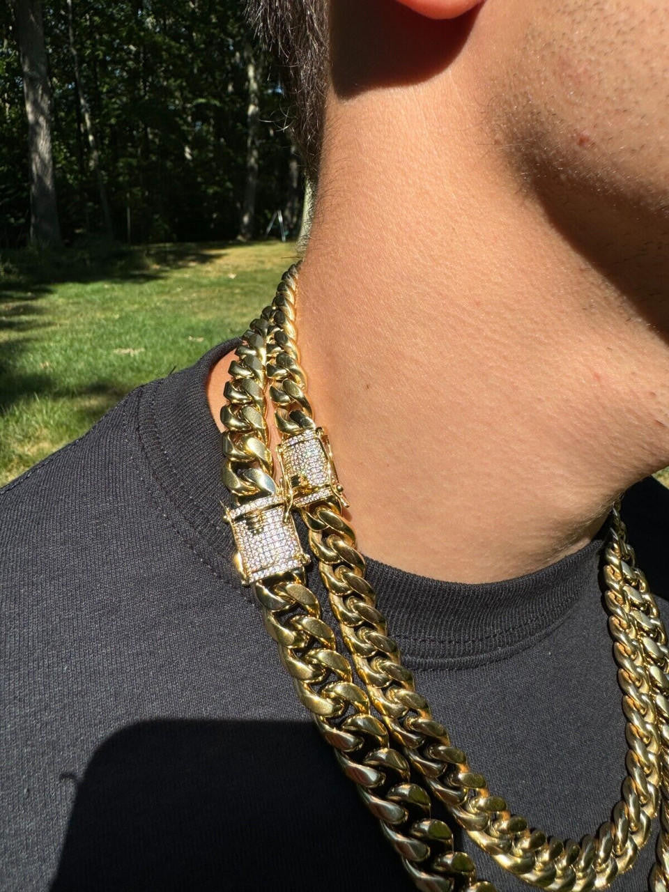 Miami Cuban Link Chain Necklace W. CZ Clasp - 14k Gold Plated Stainless Steel - 16"-30" - 8mm-14mm