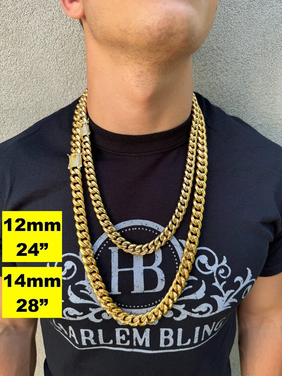 Miami Cuban Link Chain Necklace W. CZ Clasp - 18k Gold Plated Stainless Steel - 16"-30" - 8mm-14mm