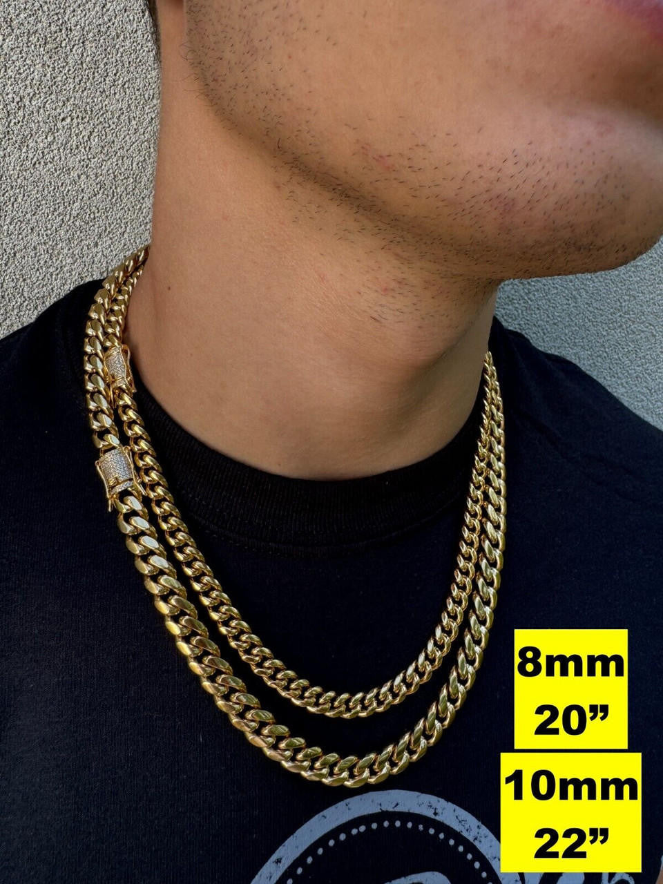Miami Cuban Link Chain Necklace W. CZ Clasp - 18k Gold Plated Stainless Steel - 16"-30" - 8mm-14mm