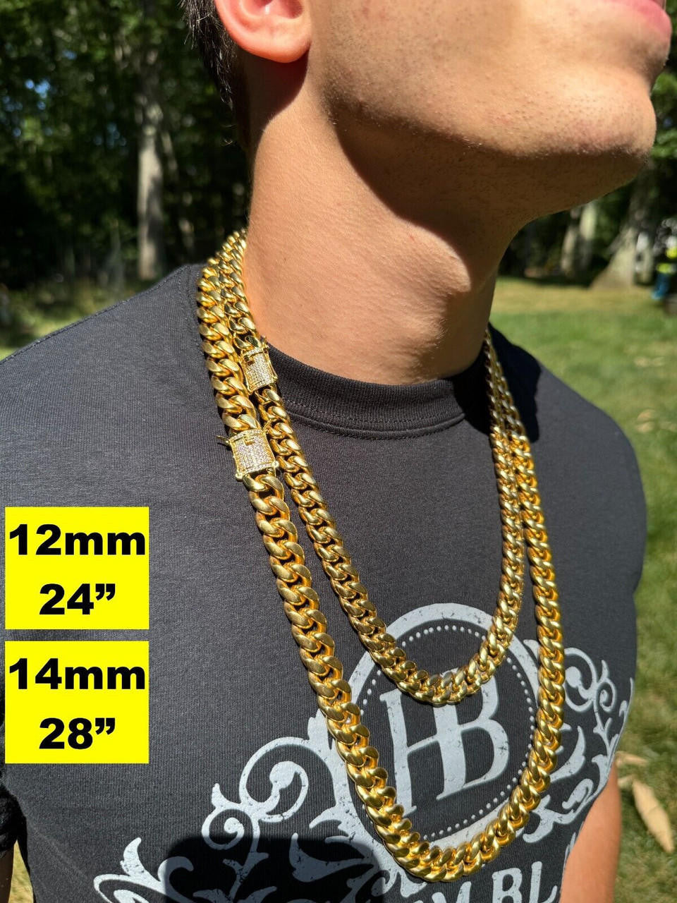 Miami Cuban Link Chain Necklace W. CZ Clasp - 18k Gold Plated Stainless Steel - 16"-30" - 8mm-14mm