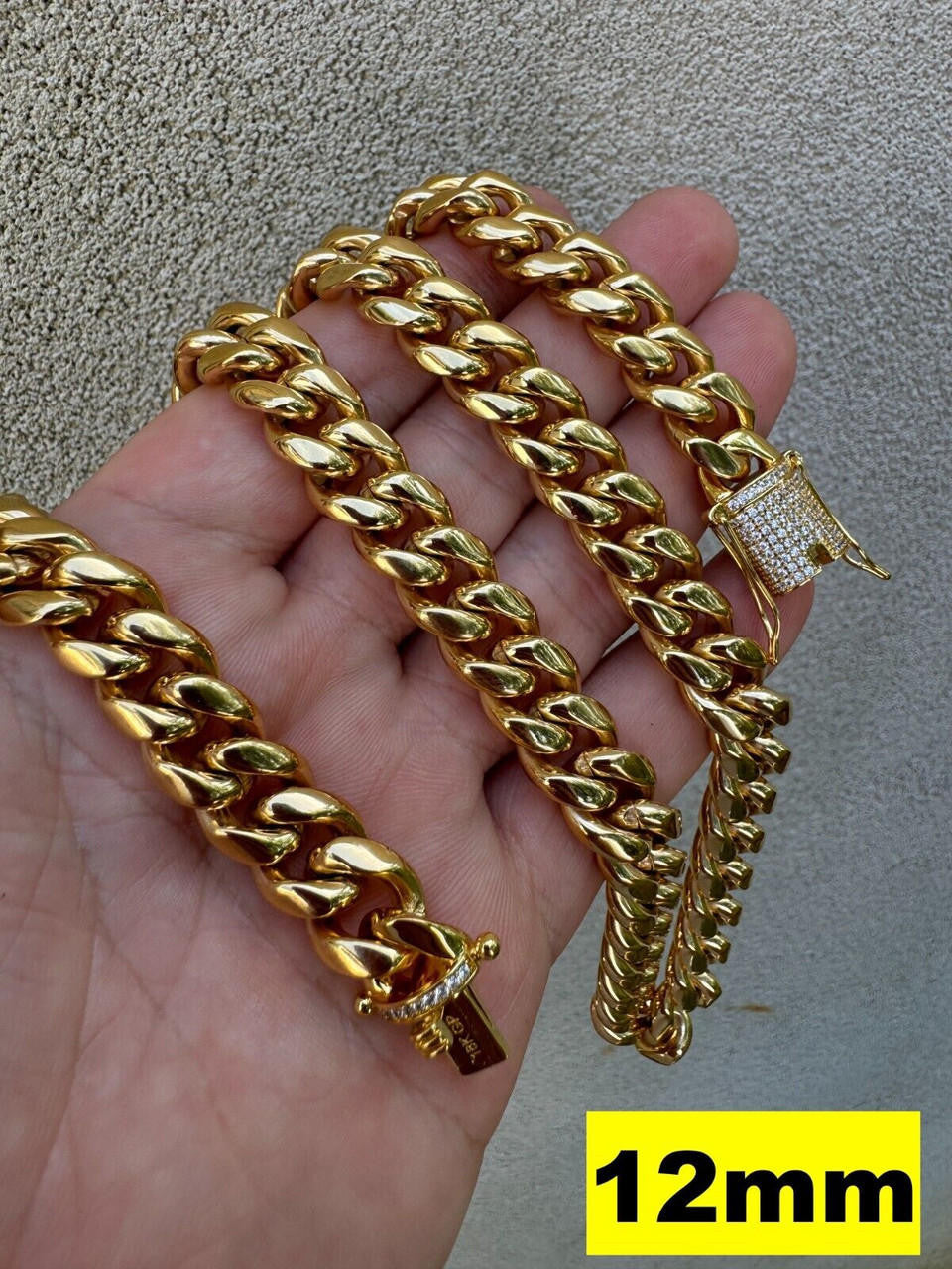 Miami Cuban Link Chain Necklace W. CZ Clasp - 18k Gold Plated Stainless Steel - 16"-30" - 8mm-14mm