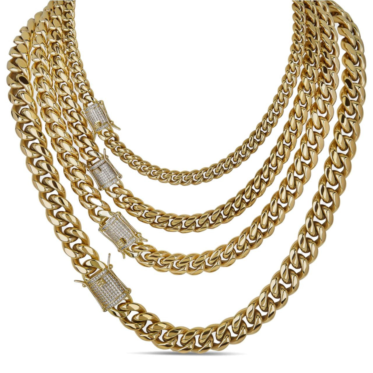 Miami Cuban Link Chain Necklace W. CZ Clasp - 18k Gold Plated Stainless Steel - 16"-30" - 8mm-14mm