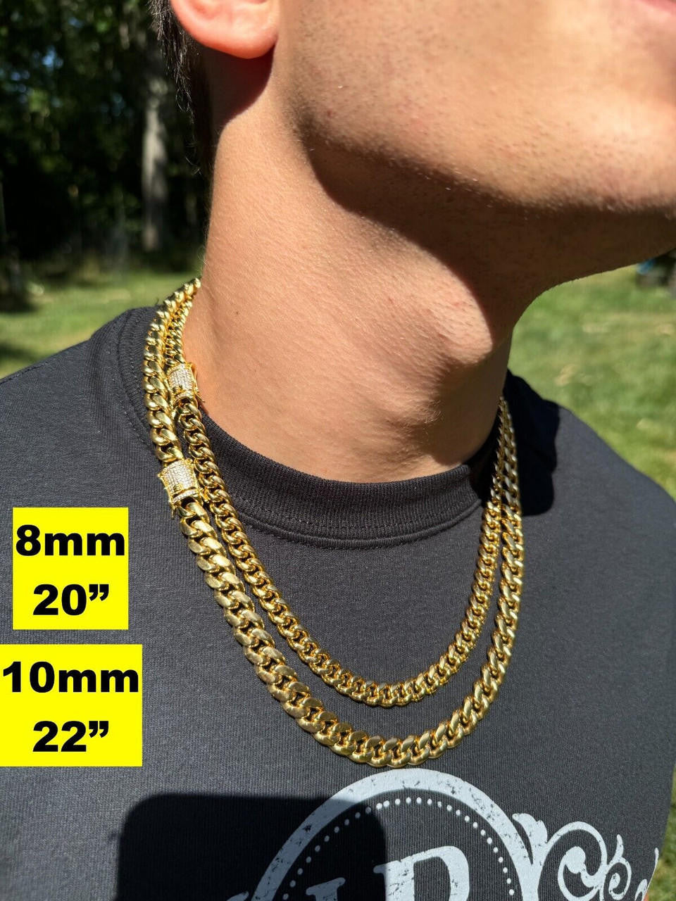 Miami Cuban Link Chain Necklace W. CZ Clasp - 18k Gold Plated Stainless Steel - 16"-30" - 8mm-14mm