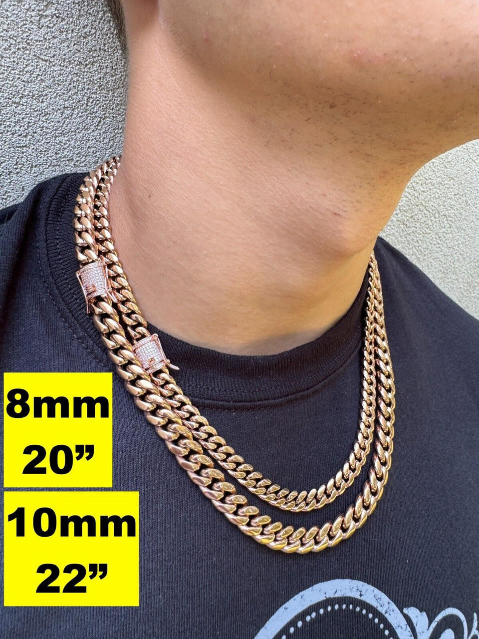 Miami Cuban Link Chain Necklace W. CZ Clasp - Rose Gold Plated Stainless Steel - 16"-30" - 8mm-14mm