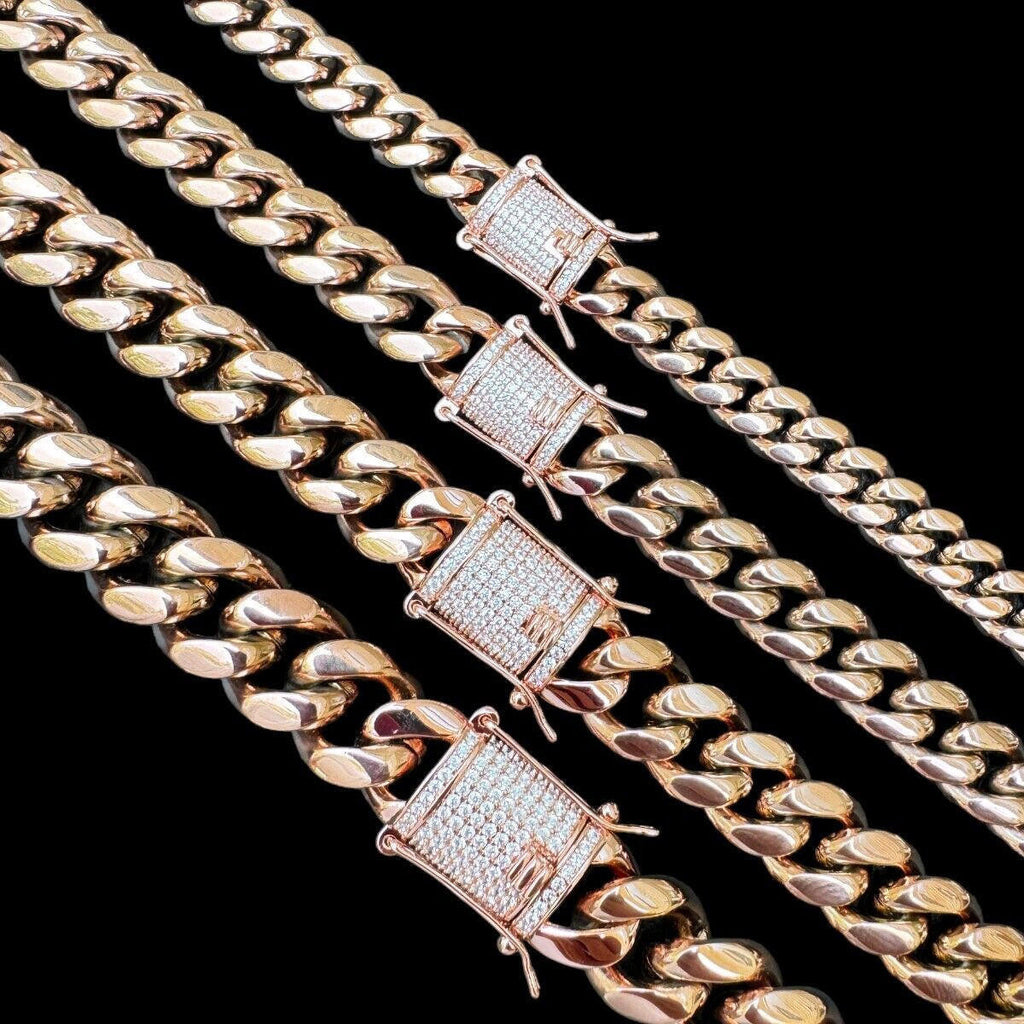 Miami Cuban Link Chain Necklace W. CZ Clasp - Rose Gold Plated Stainless Steel - 16"-30" - 8mm-14mm