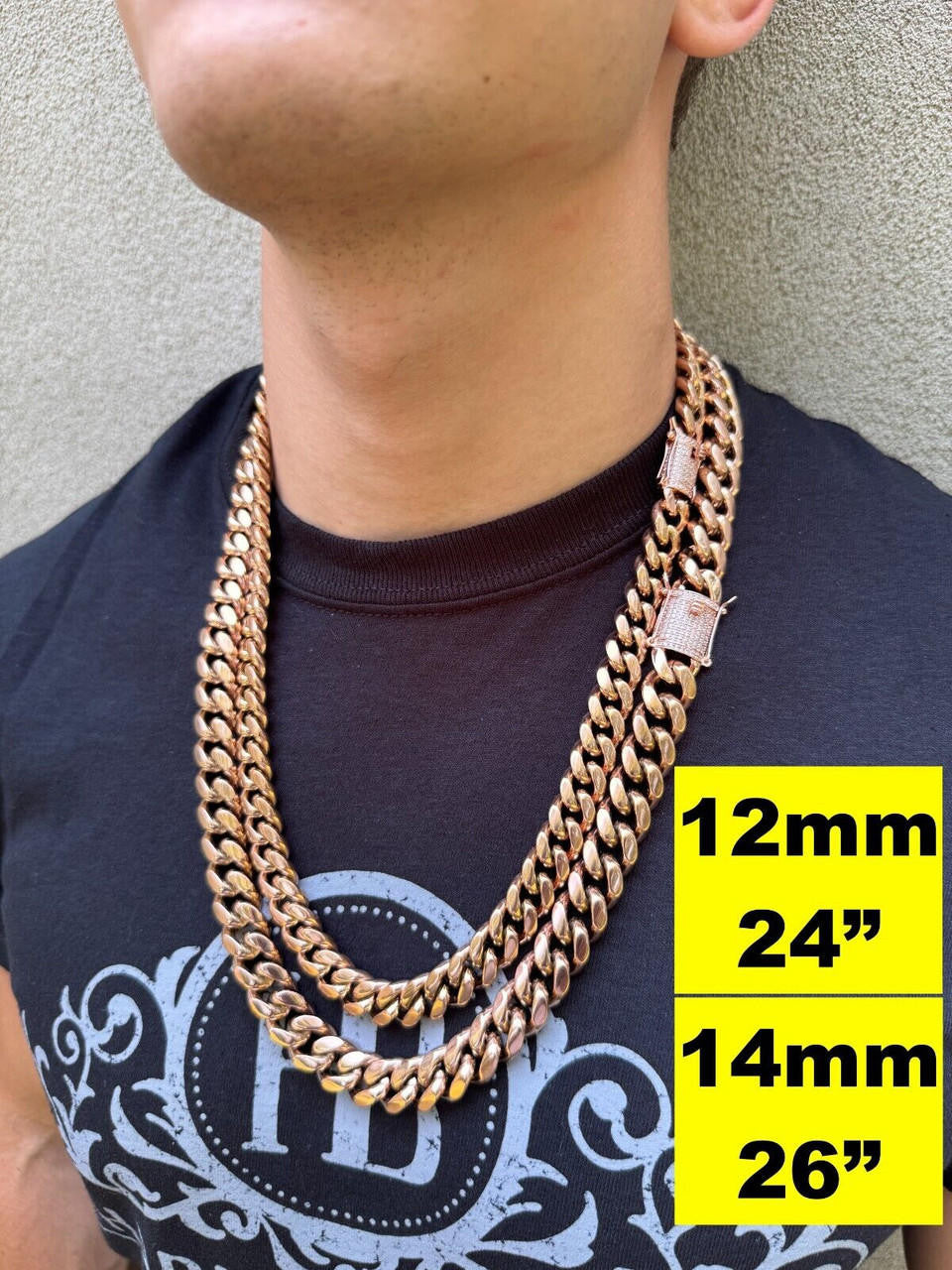 Miami Cuban Link Chain Necklace W. CZ Clasp - Rose Gold Plated Stainless Steel - 16"-30" - 8mm-14mm