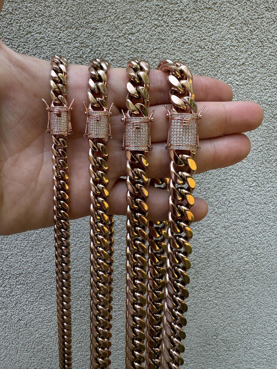 Miami Cuban Link Chain Necklace W. CZ Clasp - Rose Gold Plated Stainless Steel - 16"-30" - 8mm-14mm