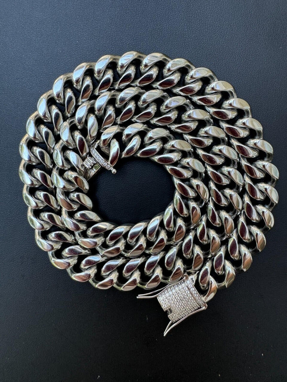 Miami Cuban Link Chain Necklace W. CZ Clasp - Stainless Steel W. 925 Silver Clasp - 16"-30" - 8mm-14mm