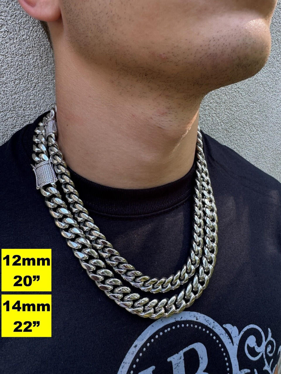 Miami Cuban Link Chain Necklace W. CZ Clasp - Stainless Steel W. 925 Silver Clasp - 16"-30" - 8mm-14mm