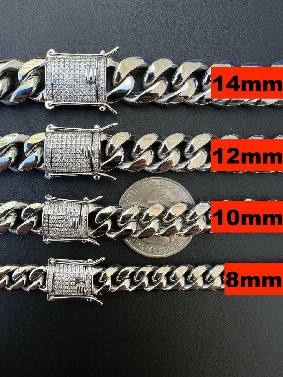 Miami Cuban Link Chain Necklace W. CZ Clasp - Stainless Steel W. 925 Silver Clasp - 16"-30" - 8mm-14mm