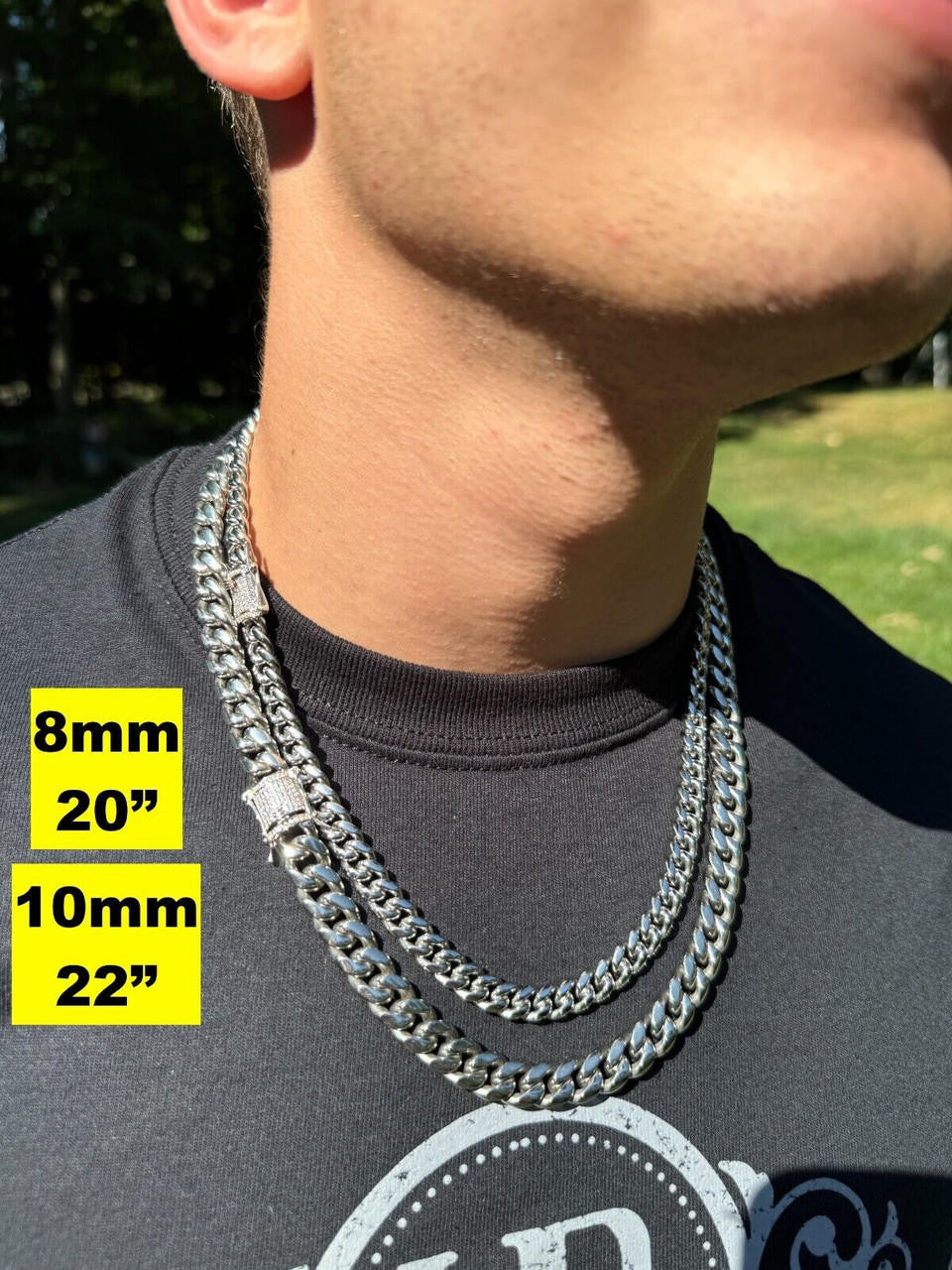 Miami Cuban Link Chain Necklace W. CZ Clasp - Stainless Steel W. 925 Silver Clasp - 16"-30" - 8mm-14mm