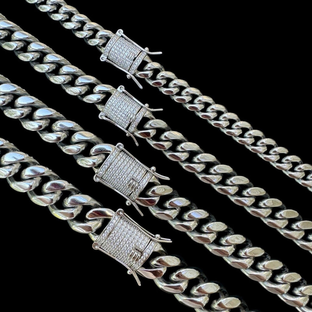 Miami Cuban Link Chain Necklace W. CZ Clasp - Stainless Steel W. 925 Silver Clasp - 16"-30" - 8mm-14mm
