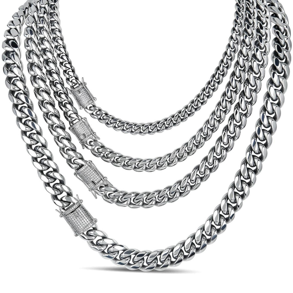 Miami Cuban Link Chain Necklace W. CZ Clasp - Stainless Steel W. 925 Silver Clasp - 16"-30" - 8mm-14mm