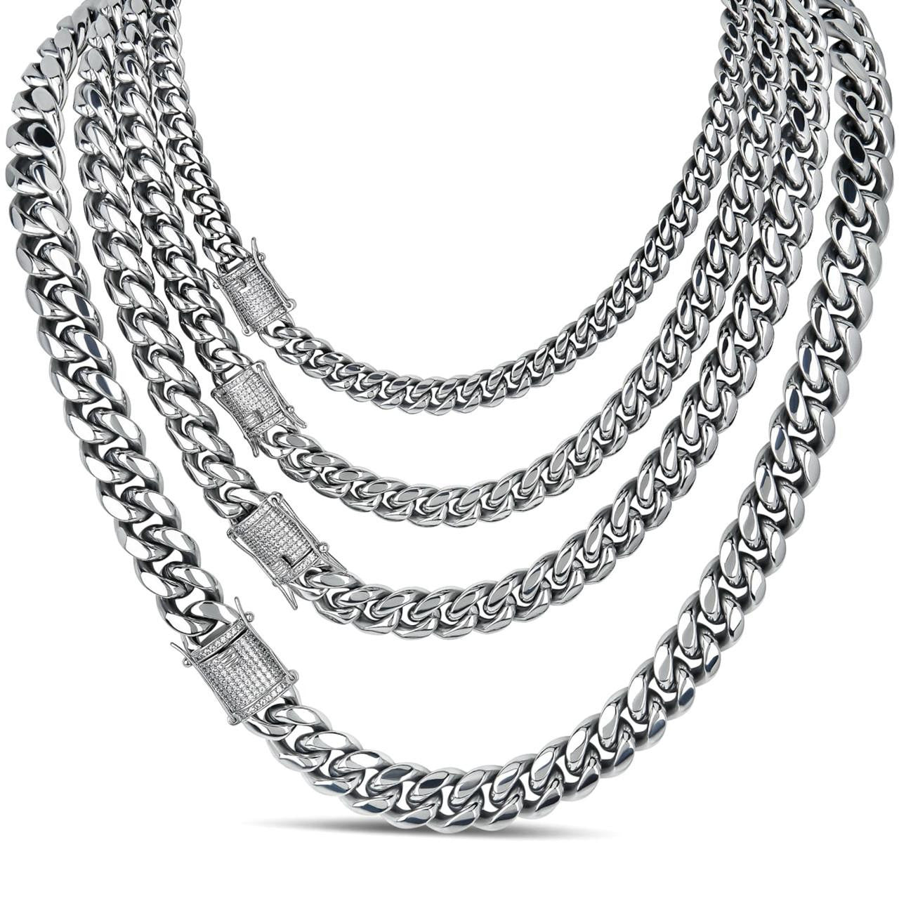 Miami Cuban Link Chain Necklace W. CZ Clasp - Stainless Steel W. 925 Silver Clasp - 16"-30" - 8mm-14mm