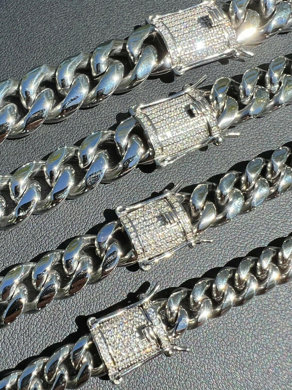 Miami Cuban Link Chain Necklace W. CZ Clasp - Stainless Steel W. 925 Silver Clasp - 16"-30" - 8mm-14mm