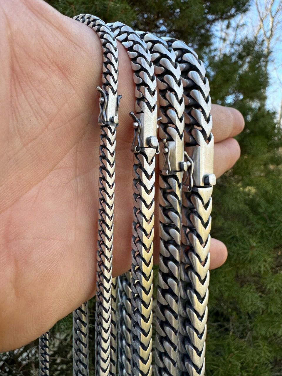 Modern Franco Link Chain Necklace W. Box Lock - Oxidized 925 Sterling Silver - 18"-30" - 4mm-10mm