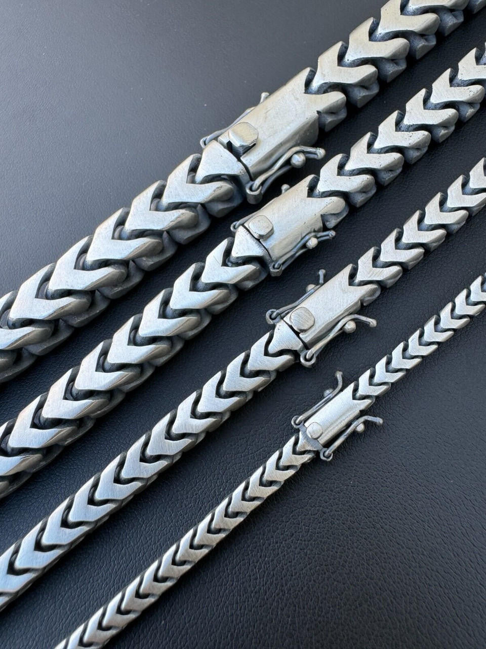 Modern Franco Link Chain Necklace W. Box Lock - Oxidized 925 Sterling Silver - 18"-30" - 4mm-10mm