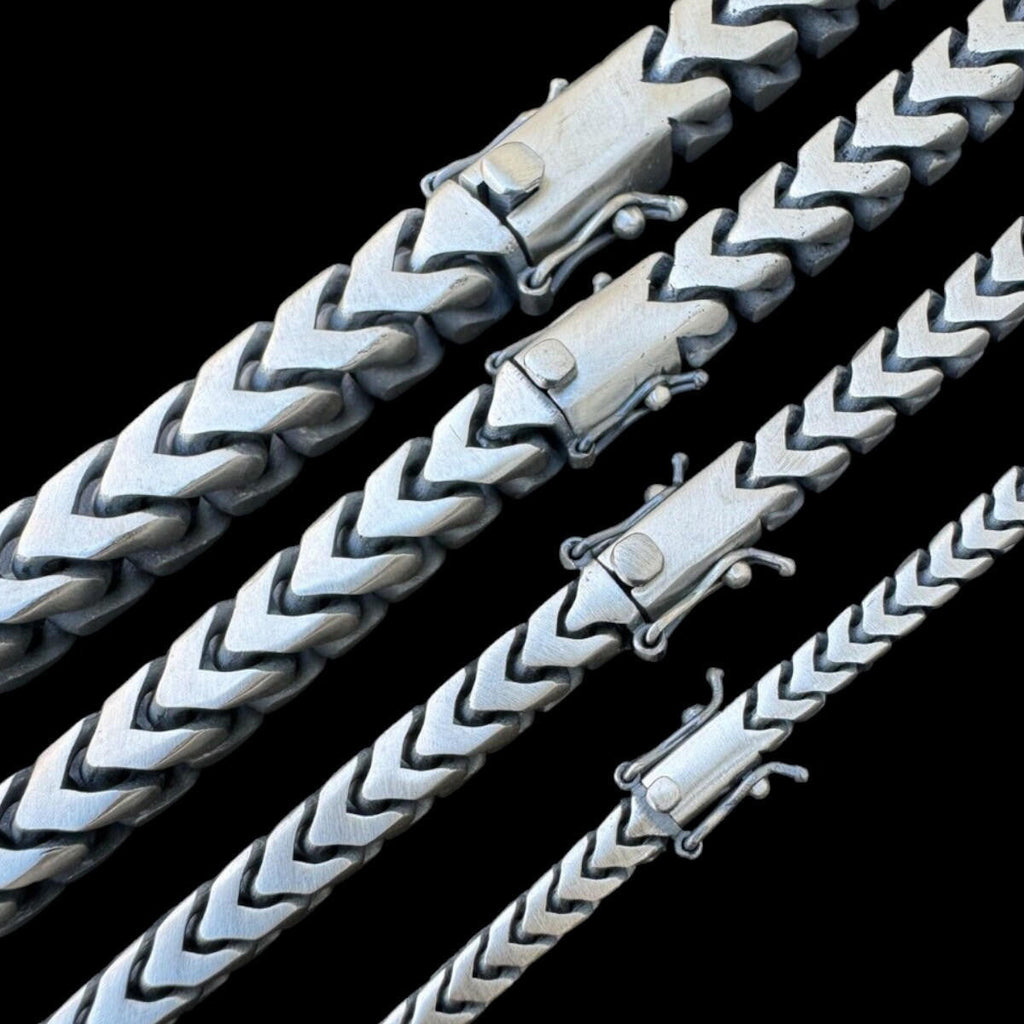 Modern Franco Link Chain Necklace W. Box Lock - Oxidized 925 Sterling Silver - 18"-30" - 4mm-10mm