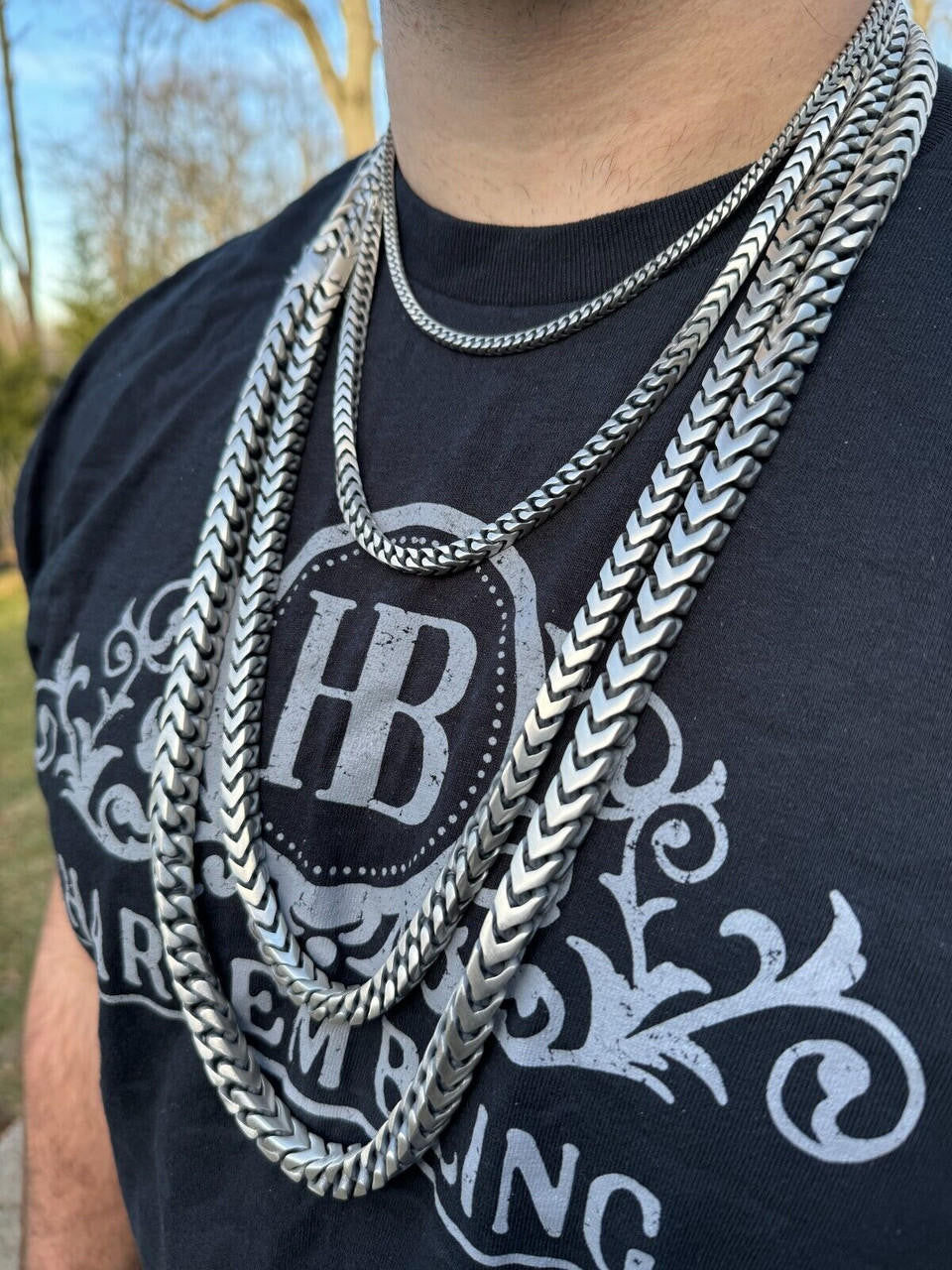Modern Franco Link Chain Necklace W. Box Lock - Oxidized 925 Sterling Silver - 18"-30" - 4mm-10mm