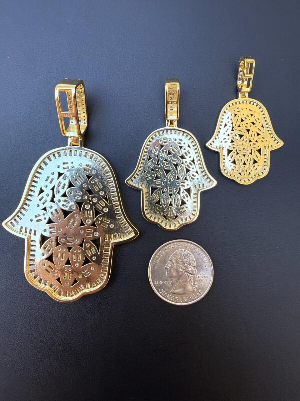 MOISSANITE 100 Evil Eyes Hamsa Hand Iced Out Pendant - 14k Gold Vermeil 925 Silver - 3 Sizes 1.25"-3"