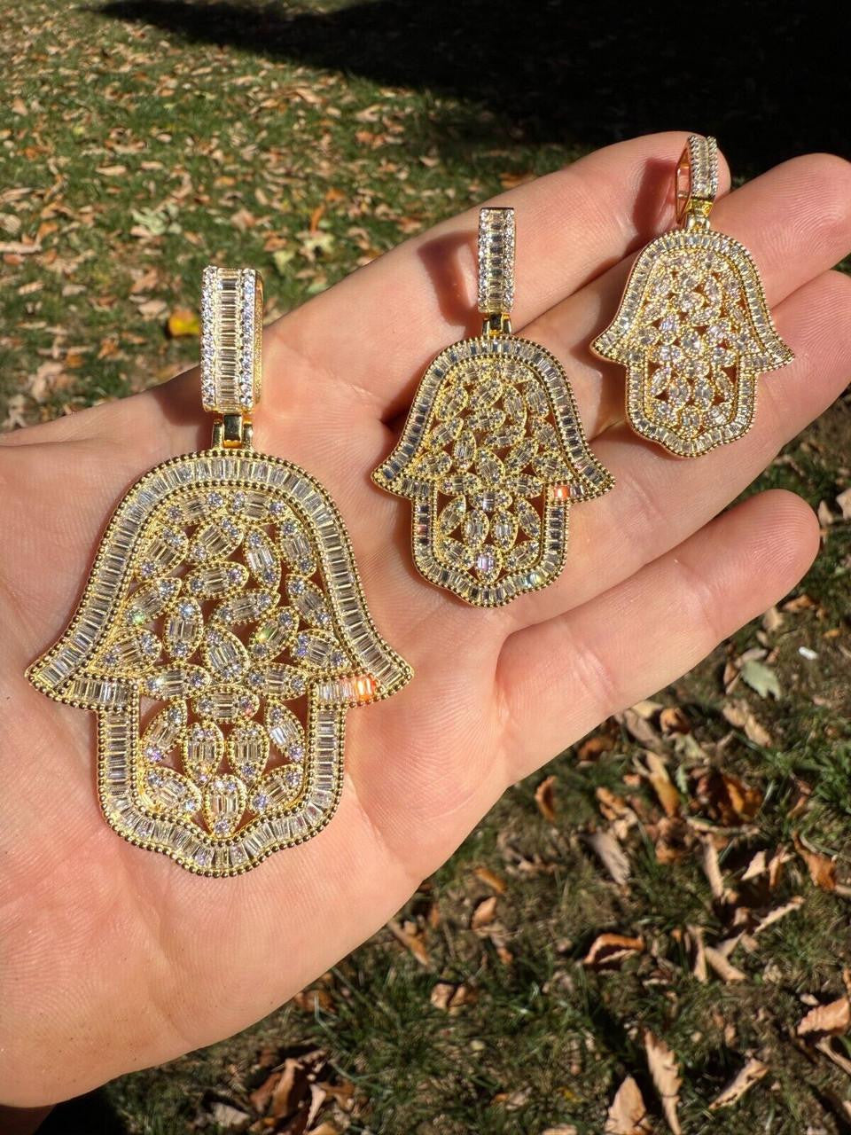 MOISSANITE 100 Evil Eyes Hamsa Hand Iced Out Pendant - 14k Gold Vermeil 925 Silver - 3 Sizes 1.25"-3"