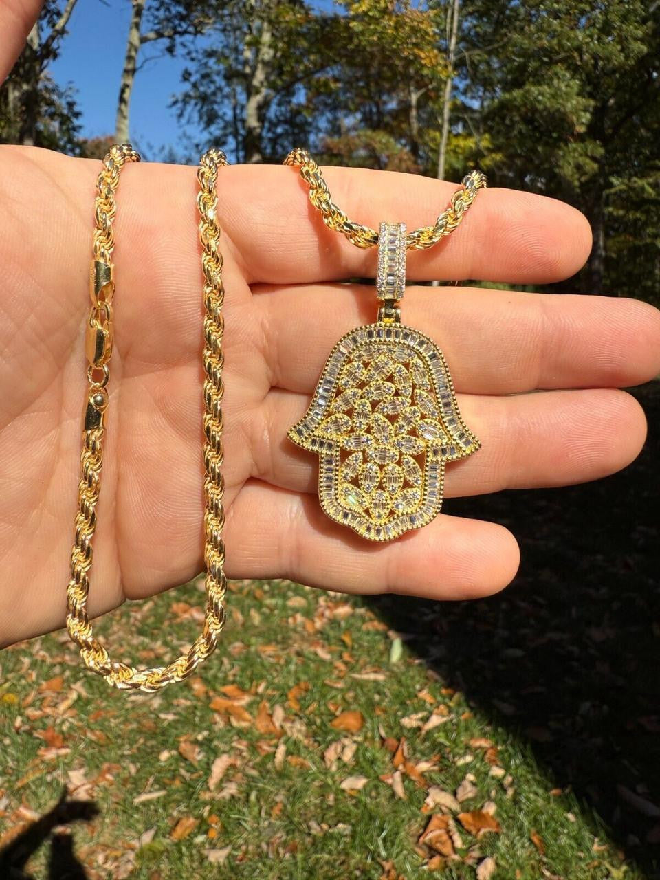 MOISSANITE 100 Evil Eyes Hamsa Hand Iced Out Pendant - 14k Gold Vermeil 925 Silver - 3 Sizes 1.25"-3"