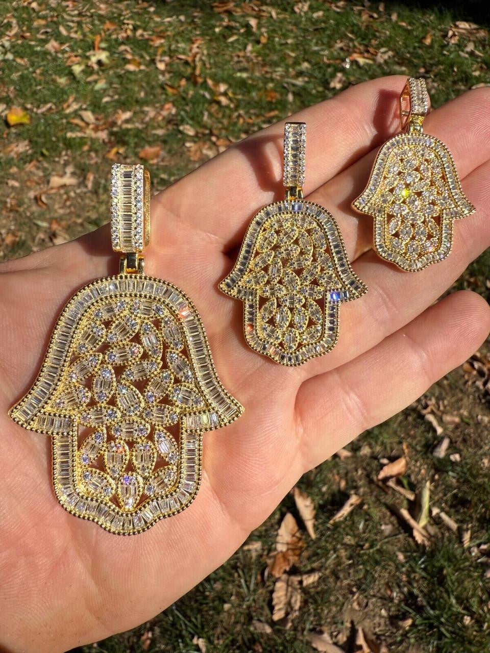 MOISSANITE 100 Evil Eyes Hamsa Hand Iced Out Pendant - 14k Gold Vermeil 925 Silver - 3 Sizes 1.25"-3"