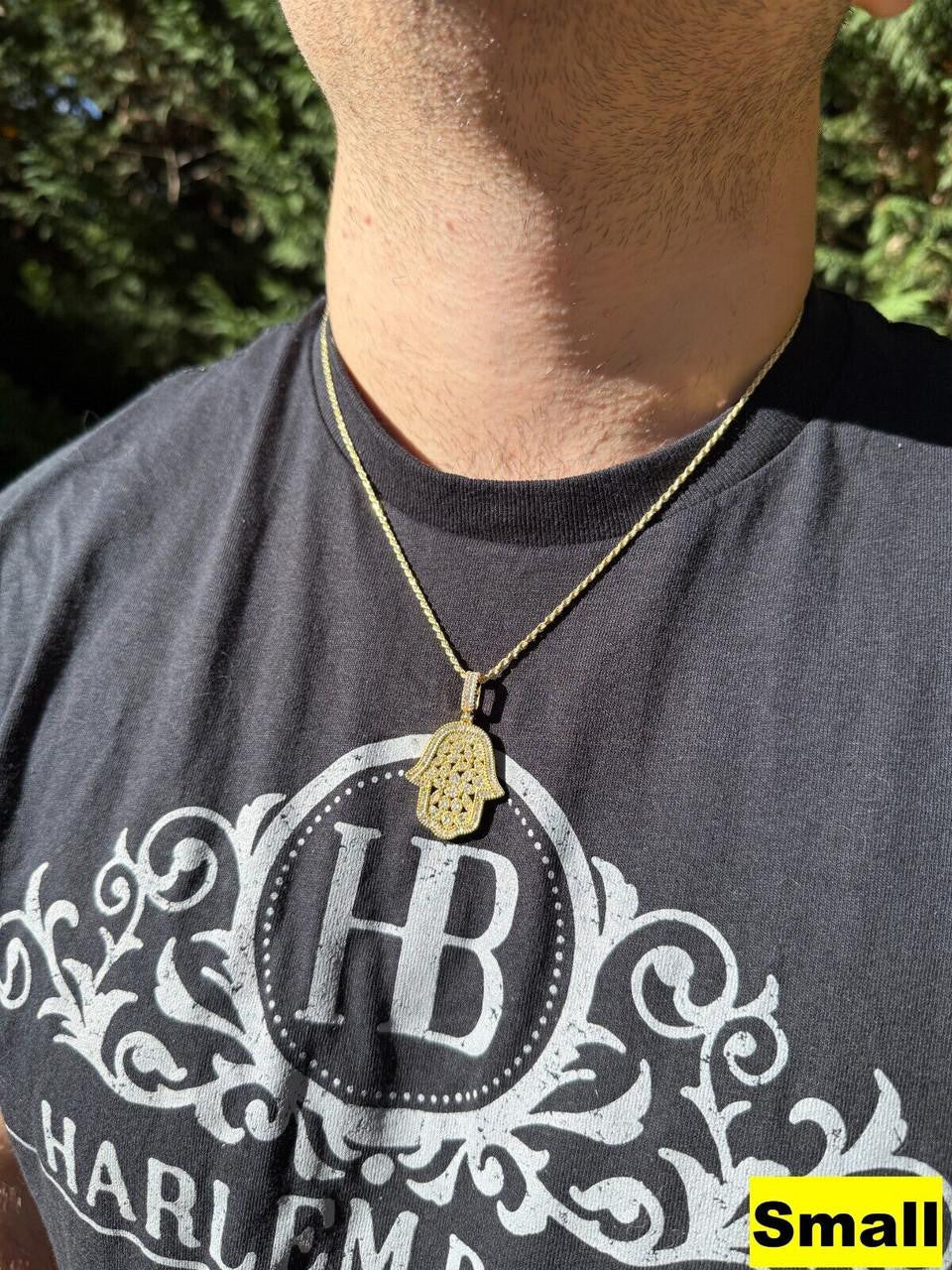 MOISSANITE 100 Evil Eyes Hamsa Hand Iced Out Pendant - 14k Gold Vermeil 925 Silver - 3 Sizes 1.25"-3"