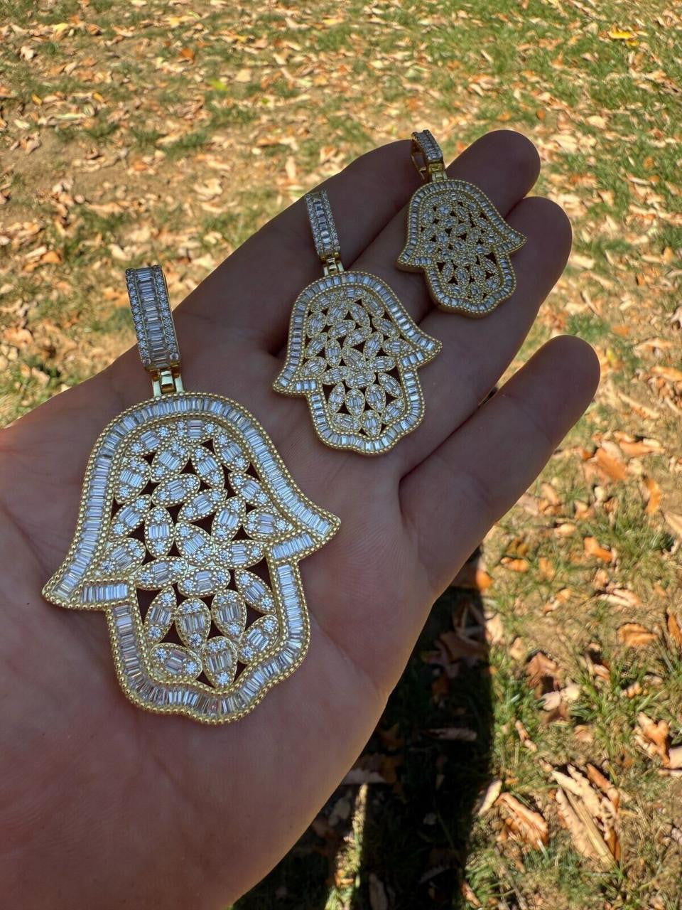 MOISSANITE 100 Evil Eyes Hamsa Hand Iced Out Pendant - 14k Gold Vermeil 925 Silver - 3 Sizes 1.25"-3"
