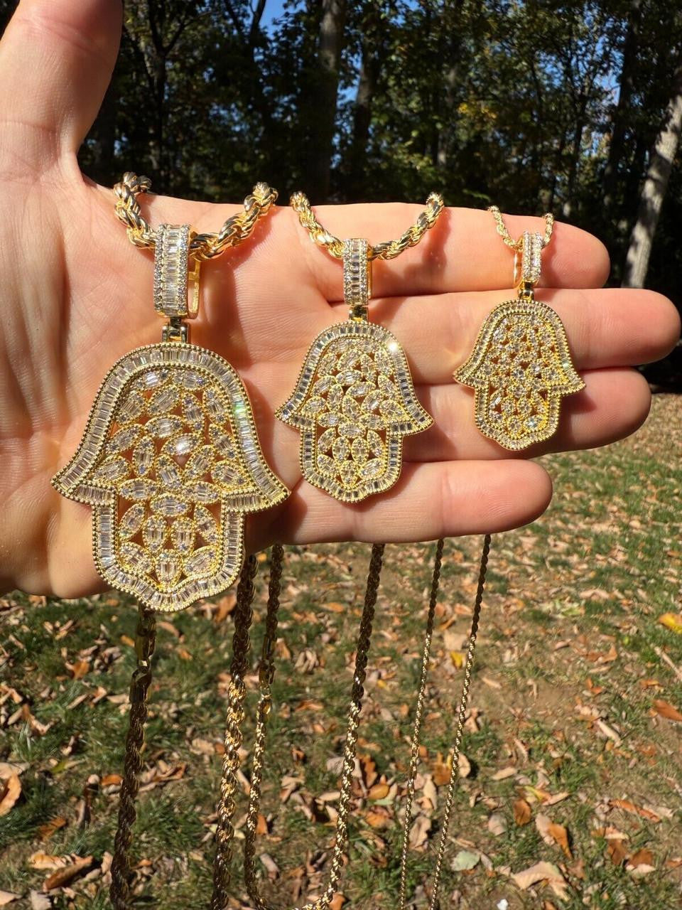 MOISSANITE 100 Evil Eyes Hamsa Hand Iced Out Pendant - 14k Gold Vermeil 925 Silver - 3 Sizes 1.25"-3"
