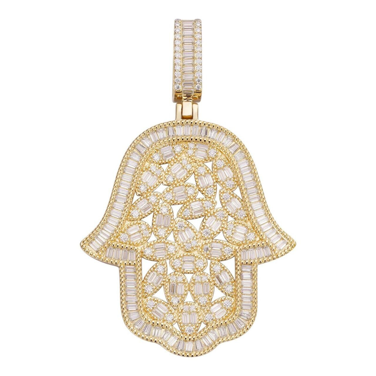 MOISSANITE 100 Evil Eyes Hamsa Hand Iced Out Pendant - 14k Gold Vermeil 925 Silver - 3 Sizes 1.25"-3"