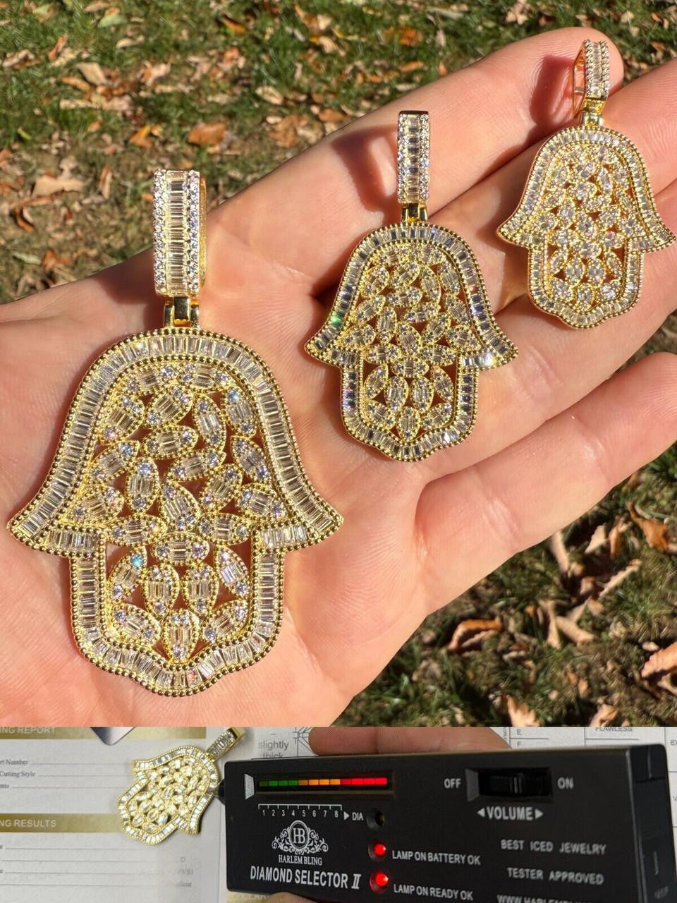 MOISSANITE 100 Evil Eyes Hamsa Hand Iced Out Pendant - 14k Gold Vermeil 925 Silver - 3 Sizes 1.25"-3"