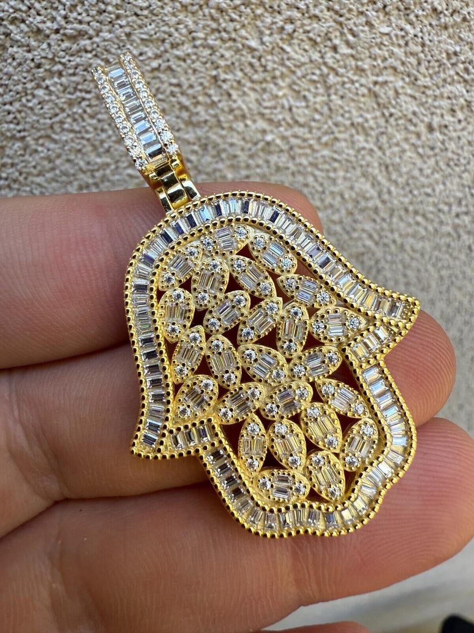 MOISSANITE 100 Evil Eyes Hamsa Hand Iced Out Pendant - 14k Gold Vermeil 925 Silver - 3 Sizes 1.25"-3"