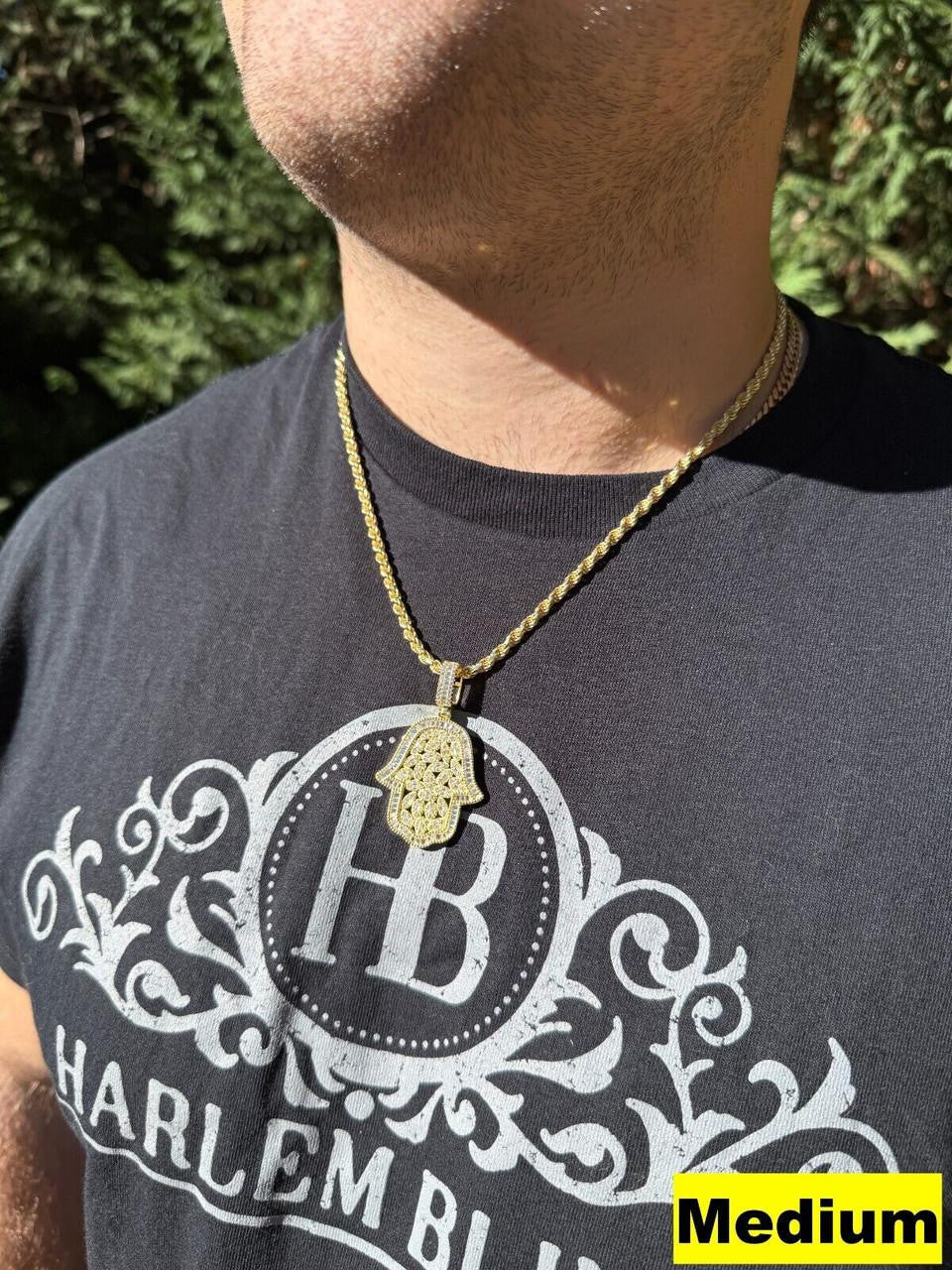 MOISSANITE 100 Evil Eyes Hamsa Hand Iced Out Pendant - 14k Gold Vermeil 925 Silver - 3 Sizes 1.25"-3"