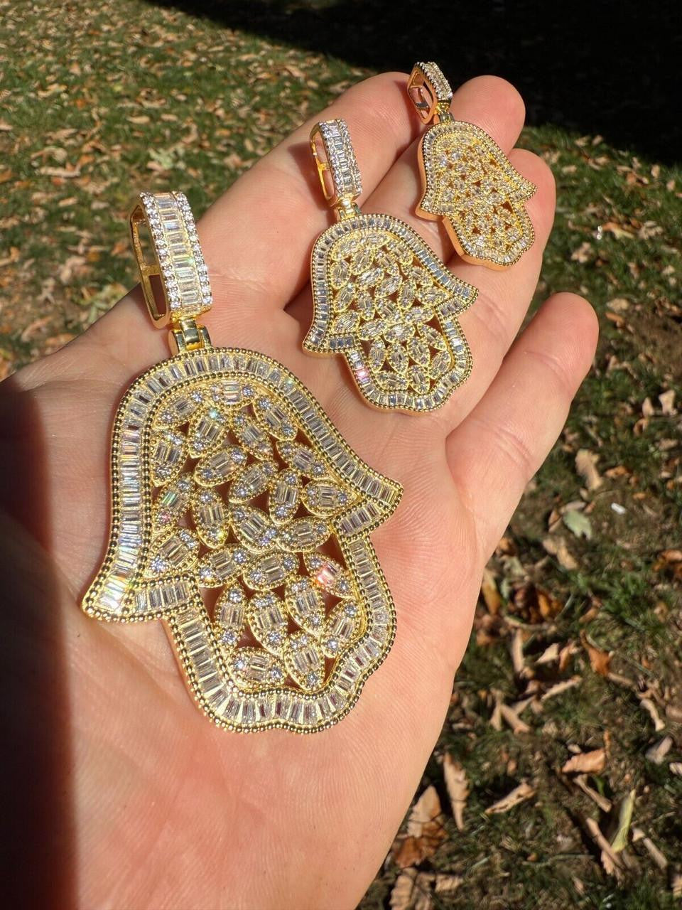 MOISSANITE 100 Evil Eyes Hamsa Hand Iced Out Pendant - 14k Gold Vermeil 925 Silver - 3 Sizes 1.25"-3"