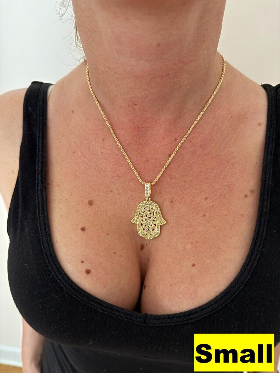 MOISSANITE 100 Evil Eyes Hamsa Hand Iced Out Pendant - 14k Gold Vermeil 925 Silver - 3 Sizes 1.25"-3"